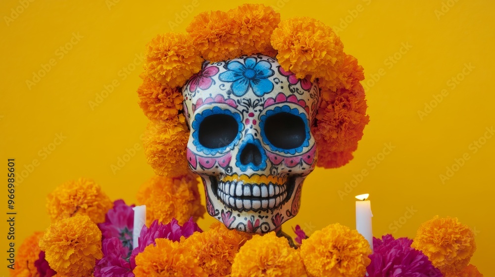 Wall mural Celebrating Dia de los Muertos: Colorful Sugar Skull with Marigolds and Candles