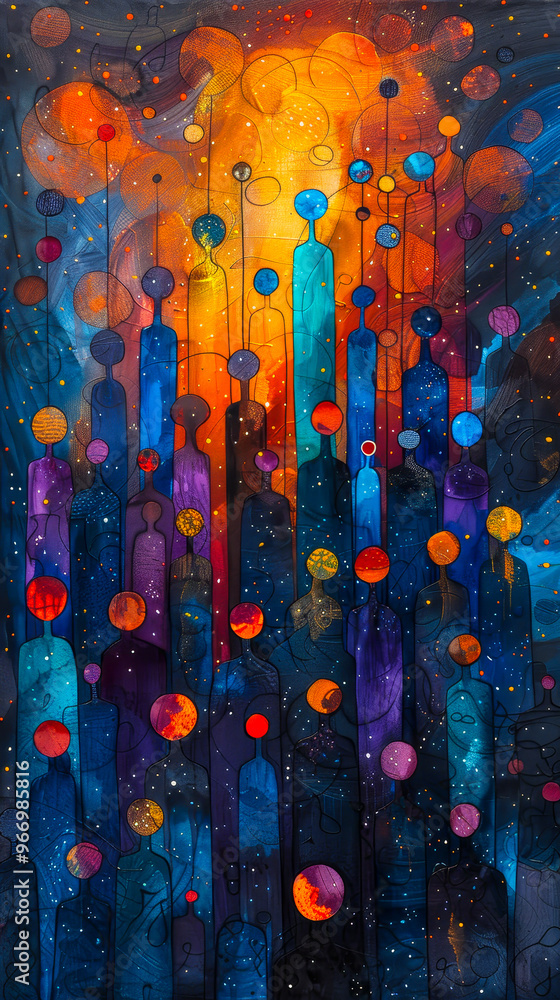 Poster vibrant unity and connection banner with diverse people shapes linked by dots and lines in blue oran