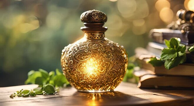 a potion bottle with a beautiful pattern and radiating light
