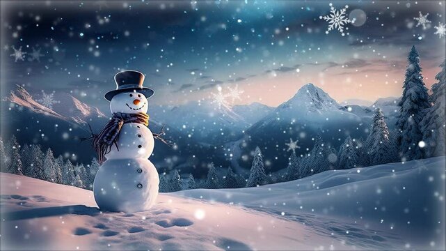 Un mu&ntilde;eco de nieve adornado para navidad en un paisaje nevado de monta&ntilde;a alpina por la noche con copos de nieve. Sin audio