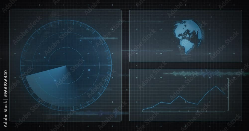 Poster animation of data processing with diagrams over globe and scanner