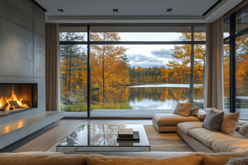 Fototapeta premium A modern fireplace with soft golden lighting, a window framing a view of a tranquil lake surrounded by autumn trees, with a glass coffee table and designer armchairs in neutral tones. 
