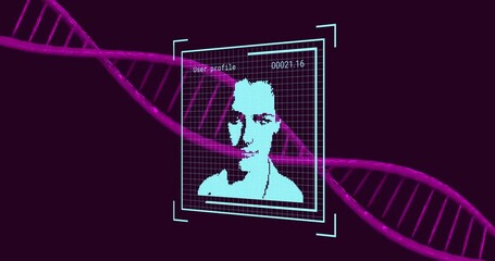 Animation of data processing and people icons over dna strand - Powered by Adobe