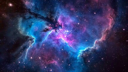 Fototapeta premium A breathtaking image of a swirling cosmic nebula in deep space, with vibrant colors of purple, blue, and pink intermingling, and distant stars shining through the vast expanse of the universe 