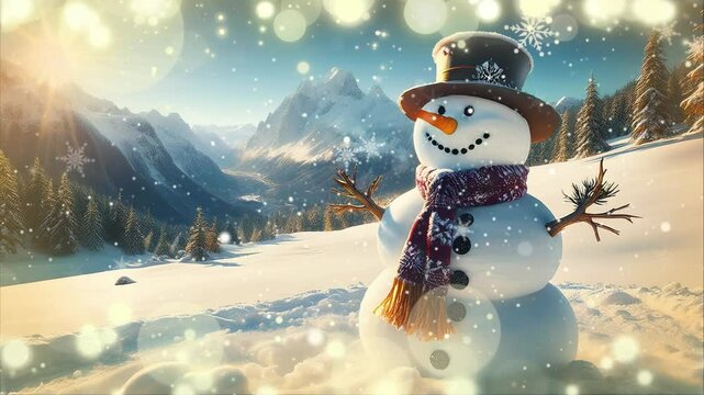 Un mu&ntilde;eco de nieve adornado para navidad en un paisaje nevado de monta&ntilde;a alpina, brillos y copos en movimiento. Sin audio
