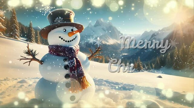 Un mu&ntilde;eco de nieve adornado para navidad en un paisaje nevado de monta&ntilde;a alpina, brillos y copos en movimiento y texto en ingles feliz navidad. Sin audio