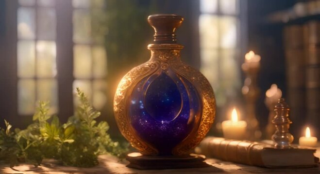 a potion bottle with a beautiful pattern and radiating light