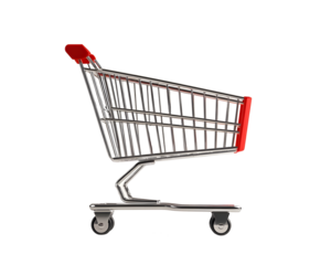Ready to Roll: A sleek, empty shopping cart awaits its bounty, symbolizing consumerism, commerce, and the thrill of the purchase.  