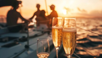 Sailing into the Sunset: A Group of Friends Enjoying a Champagne Party on a Catamaran Boat