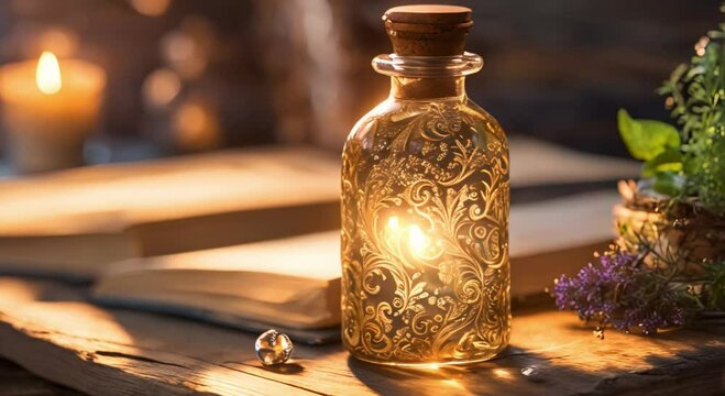 a potion bottle with a beautiful pattern and radiating light