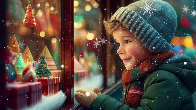 Un ni&ntilde;o en la calle con las manos apoyadas sobre el cristal del escaparate de una tienda tradicional navide&ntilde;a con copos de nieve. Sin audio