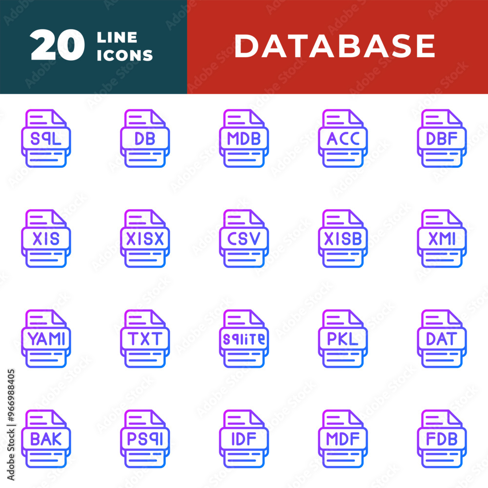 Poster document file gradient icons set. file type database, format extension folders data files. vector il
