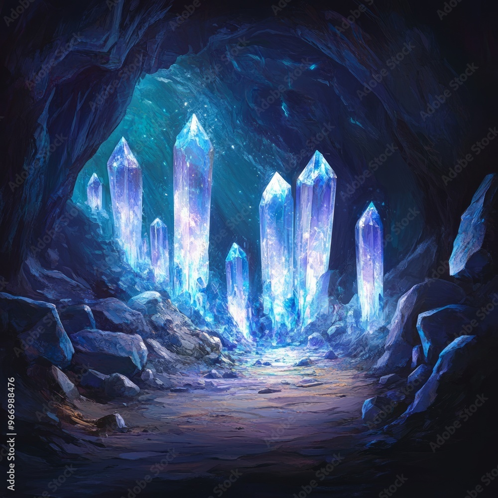 Poster A cave with glowing blue crystals.