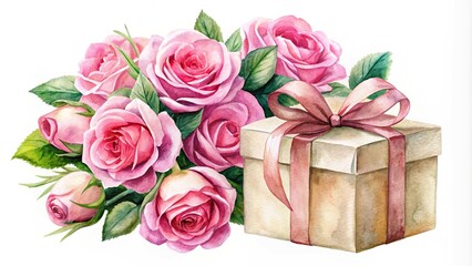 Symmetrical watercolor bouquet of pink roses and gift box isolated on white background
