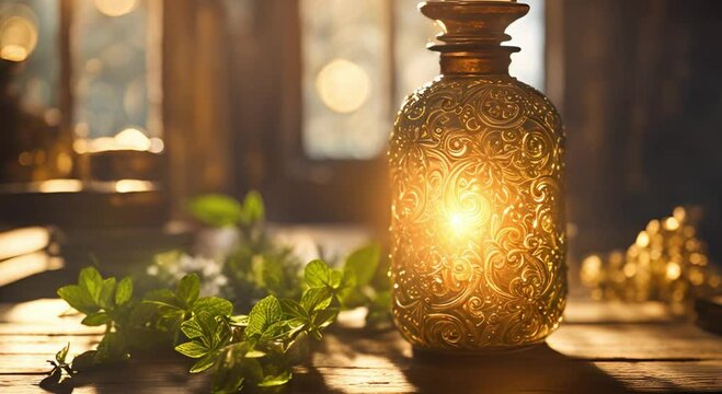 a potion bottle with a beautiful pattern and radiating light