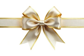 Symmetrical white ribbon and bow with gold isolated against white background