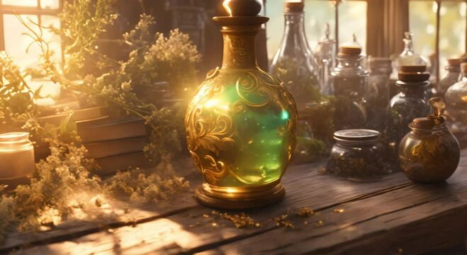 a potion bottle with a beautiful pattern and radiating light