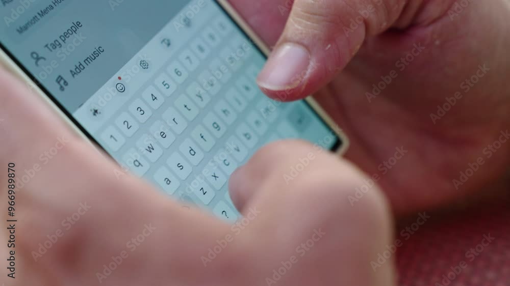 Poster man typing message on mobile phone while working. - closeup shot