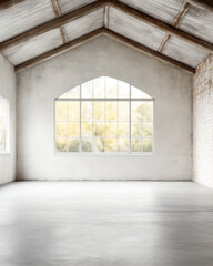 Spacious empty room with arched windows and exposed brick walls. Large property interior with ample copyspace for branding.