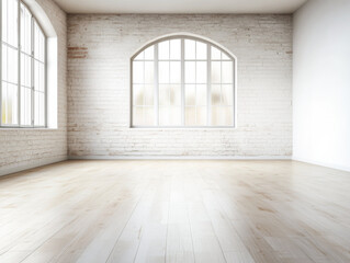 Spacious empty room with arched windows and exposed brick walls. Large property interior with ample copyspace for branding.