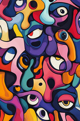 The  vibrant and intricate abstract artwork features a chaotic pattern of swirling, organic shapes with numerous eyes embedded throughout. 