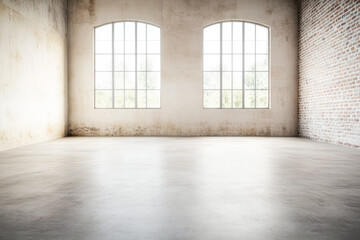 Spacious empty room with arched windows and exposed brick walls. Large property interior with ample copyspace for branding.