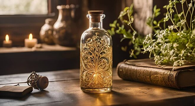 a potion bottle with a beautiful pattern and radiating light