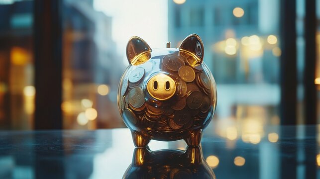A transparent piggy bank overflowing with coins symbolizes wise financial growth and savvy investment decisions.