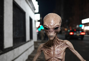 Aggressive alien hunts people in city streets at night, wants to attack or kidnap, horror and science fiction.