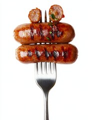 Grilled sausages held by a fork in a PNG format.