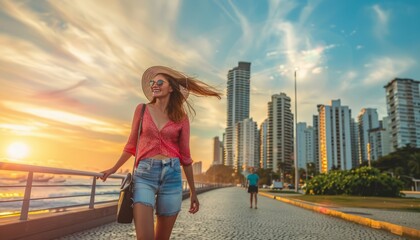Sunset Stroll: Joyful Woman Enjoying the Balneario Camboriu Promenade