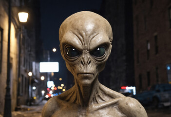 Aggressive alien hunts people in city streets at night, wants to attack or kidnap, horror and science fiction.