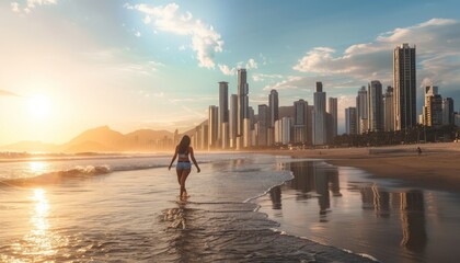 Sunset Stroll: A Carefree Woman's Joyful Promenade along Balneario Camboriu's Seafront