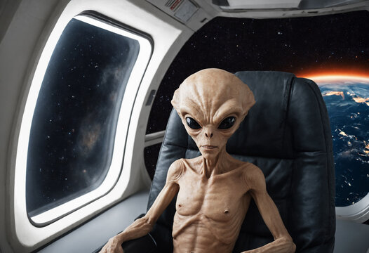 Alien in a spaceship in space, science fiction, extraterrestrial intelligence, alien invasion or abduction.