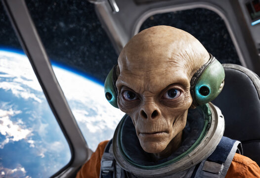 an alien in a spaceship in space, science fiction and extraterrestrial intelligence in a distant galaxy, alien invasion or abduction by extraterrestrials