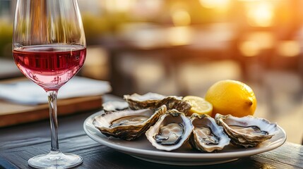 Fototapeta premium White wine in a glass and oysters in a restaurant on a yacht 