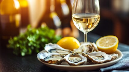 White wine in a glass and oysters in a restaurant on a yacht	