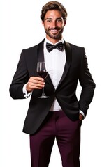 PNG image of a cheerful man in a tuxedo holding a wine glass against a white backdrop.