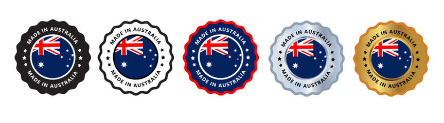 Made in australia set of sign stamp badge, with varian color red, blue, silver, gold, black suitable for products manufactured, military, agriculture or food vector illustration eps editable text
