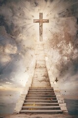 Rustic grungy texture stairway to heaven with a glowing cross at the top, symbolizing the path to salvation. Made with generative AI technology