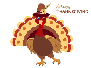 Thanksgiving day card with funny turkey in pilgrim hat for greeting postcard with inscription.