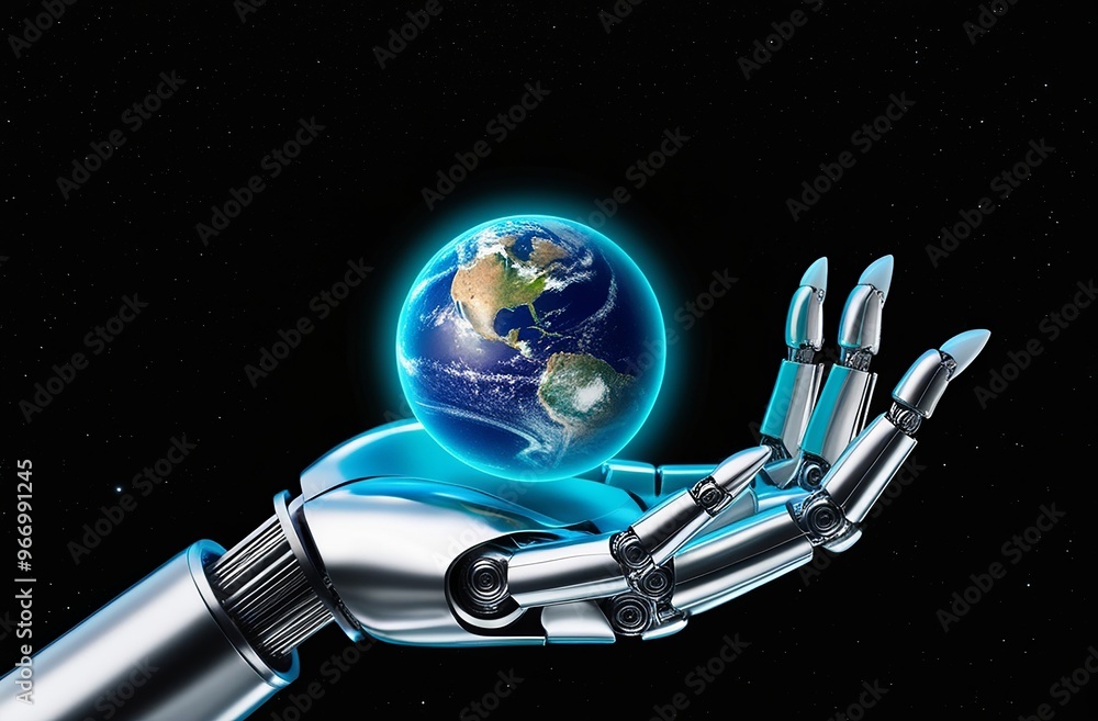 Canvas Prints silver robotic hand gripping a small, illuminated planet earth, floating in a black void with scatte