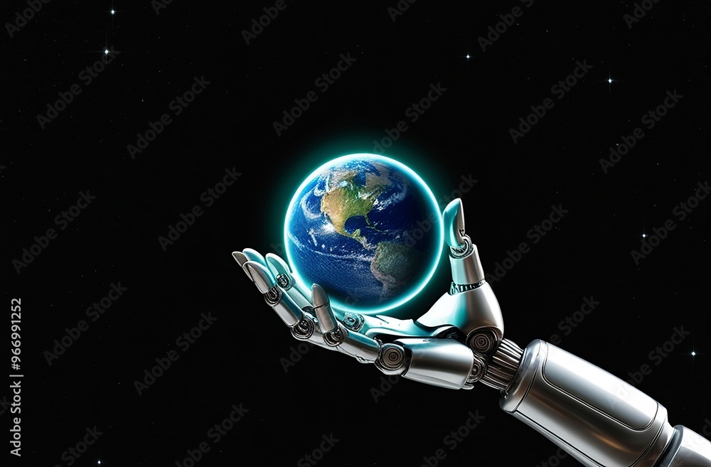 Wall mural silver robotic hand gripping a small, illuminated planet earth, floating in a black void with scatte