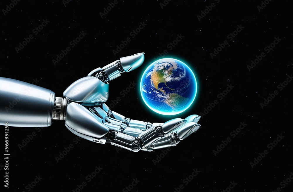 Canvas Prints silver robotic hand gripping a small, illuminated planet earth, floating in a black void with scatte