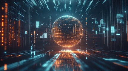 A 3D icon illustration of a glowing sphere made of interconnected data nodes and lines, with floating data visualizations like bar charts and graphs, set against a clean futuristic digital background