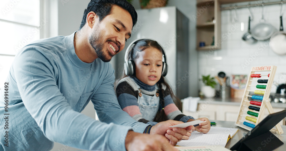 Poster tablet, education and father with child in home for online learning, school project or math lesson. 