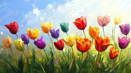 Fototapeta premium A meadow of vibrant tulips under clear skies, impressionist painting style, warm golden hues, gently swaying flowers, reminiscent of a peaceful spring afternoon