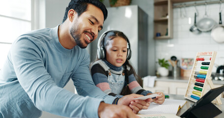 Tablet, education and father with child in home for online learning, school project or math lesson. Family, digital tech and dad help girl with homework for research, teaching and abacus for counting