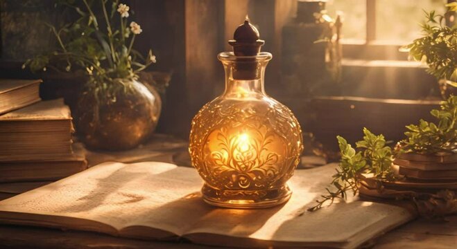 a potion bottle with a beautiful pattern and radiating light