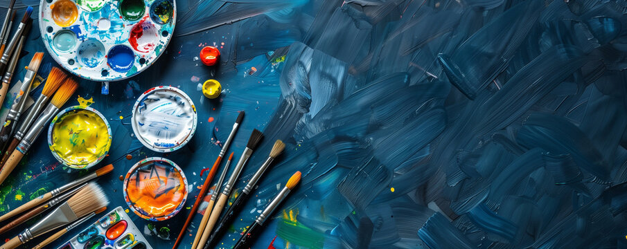 A creative workspace with art supplies like acrylic paints, brushes, and a palette on a dark blue background with copy space, captured by an HD camera,